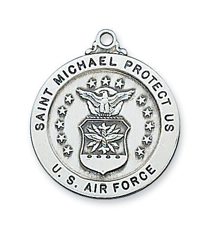 Sterling Silver St. Michael Air Force Medal w/ 24" Rhodium Plated Chain