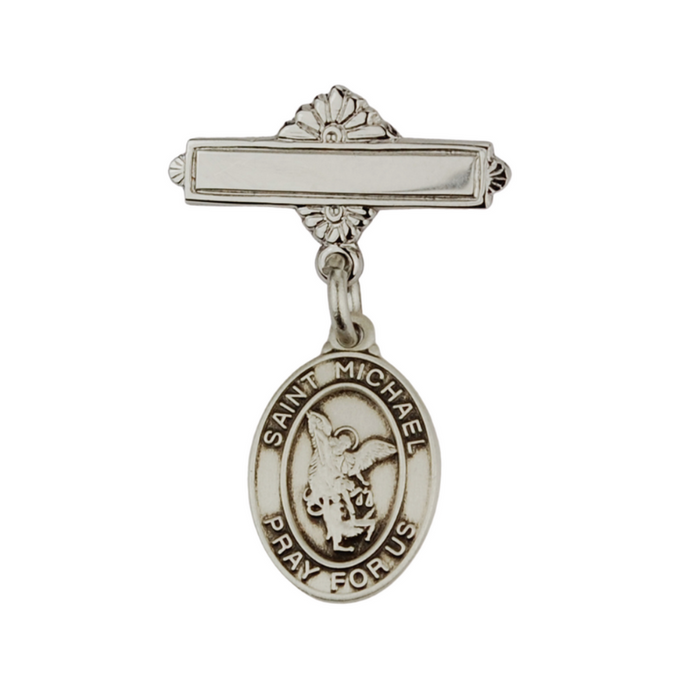 Sterling Silver St. Michael RF Baby Bar Pin with Elegant Burgundy Flip Gift Box