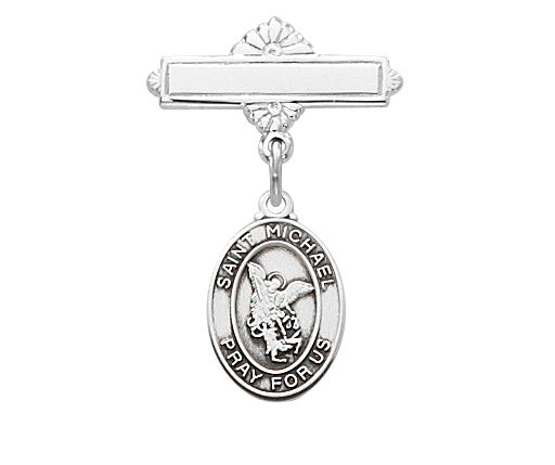 Sterling St. Michael Medal Rf Baby Bar Pin With Clear Gift Box