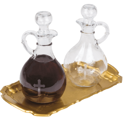 Brass and Glass Cruet Set with Tray, 2 Bottles