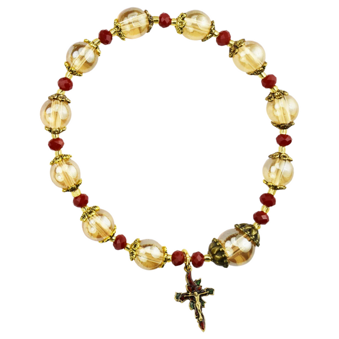 Topaz And Red Poinsettia Stretchable Rosary Bracelet