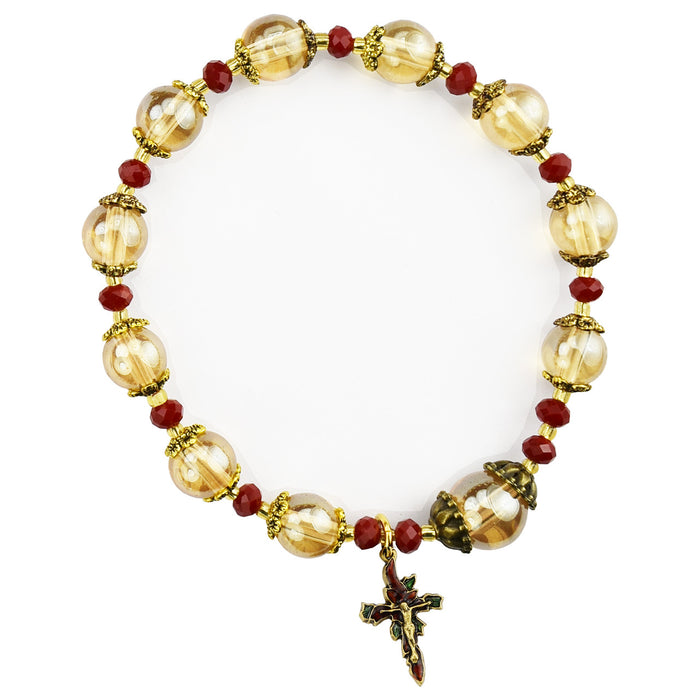 Topaz And Red Poinsettia Stretchable Rosary Bracelet