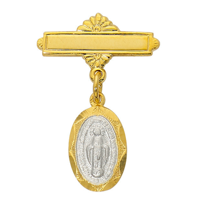 Two Tone Gold Plated Sterling Miraculous Medal Baby Bar Pin with Clear Gift Box