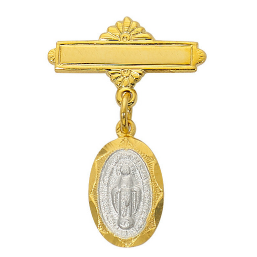Two Tone Gold Plated Sterling Miraculous Medal Baby Bar Pin with Clear Gift Box