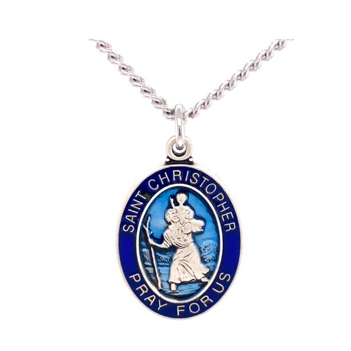Two Tone Sterling Silver St. Christopher Blue Medal with 24" Rhodium Plated Chain