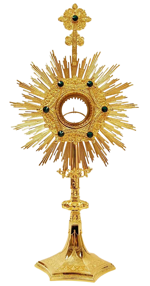 Gold Plated Monstrance with Glass Enclosed Luna - Green Stones