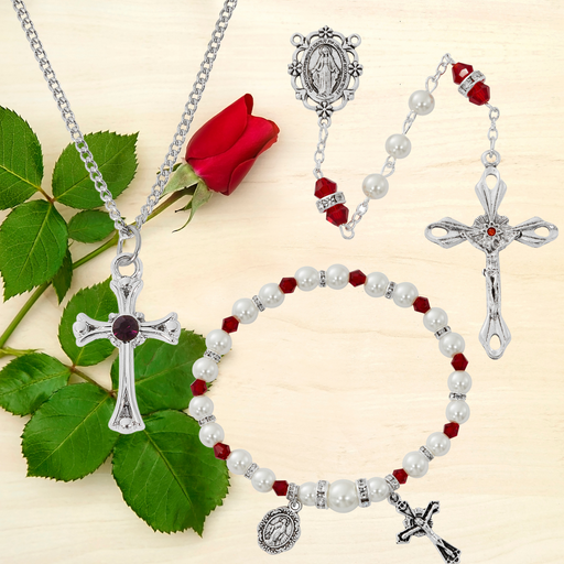 Cross Necklace, Pearl Rosary Bracelet And Pearl Rosary - January Birthstone Garnet Gift Set