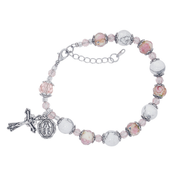 White Stone and Pink Flow Rosary Bracelet