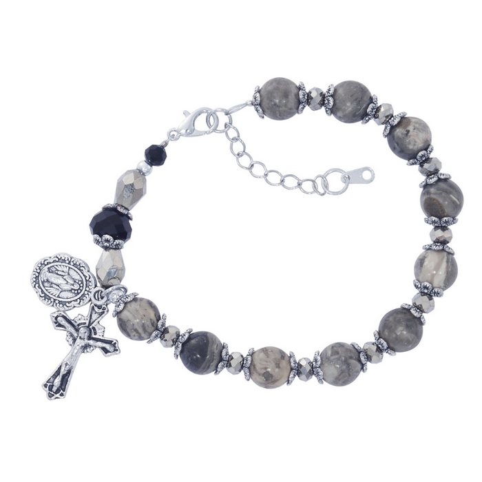 Picasso Stone and Black Crystal Rosary Bracelet