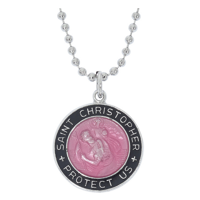 Black And Pink Saint Christopher Medal On Adjustable Ball Chain