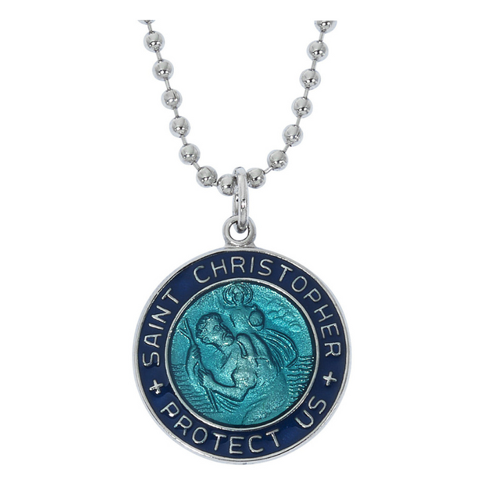 Blue And Aqua Saint Christopher Medal On Adjustable Ball Chain