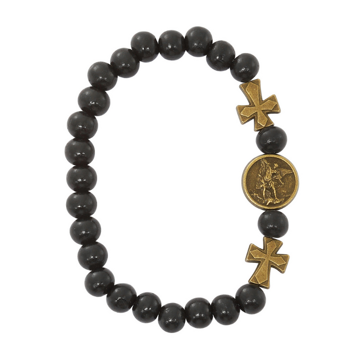 Saint Michael Gold/ Black Wood Stretch Bracelet