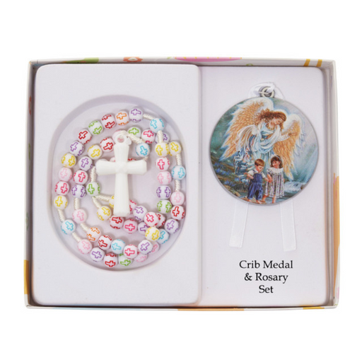 Guardian Angel Crib Medal With Multi-Color Cross Rosary