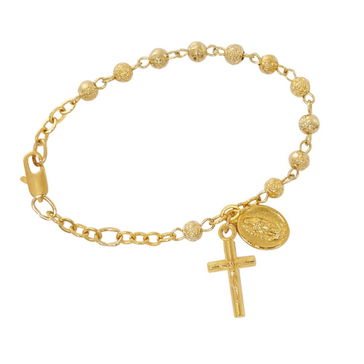 Gold Tone Rosebud Beads With Gold Tone Crucifix and Guadalupe Medal Bracelet