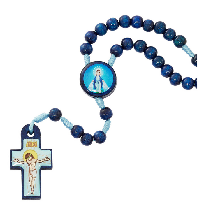 Blue Wood Miraculous Medal Rosary - Carded