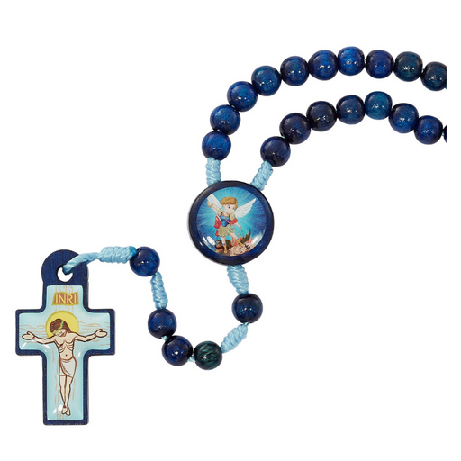 Blue Wood Saint Michael Rosary - Carded