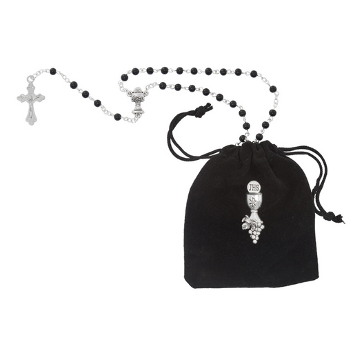 Black Rosary and Communion Pin Set - Black Bag