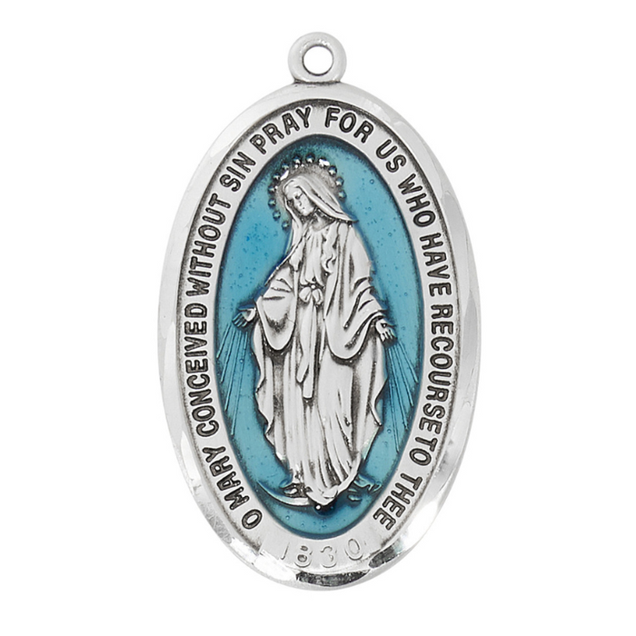 Blue Miraculous Medal with 24" Rhodium Chain