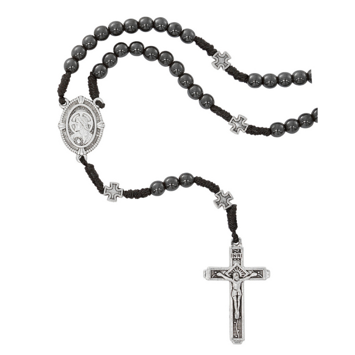 6mm Sacred Heart Hematite Corded Rosary - Metal Crucifix and Center