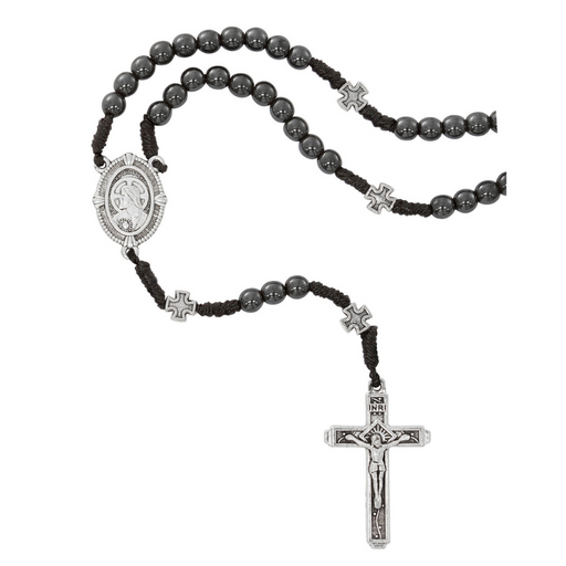 6mm Sacred Heart Hematite Corded Rosary - Zinc Crucifix and Center