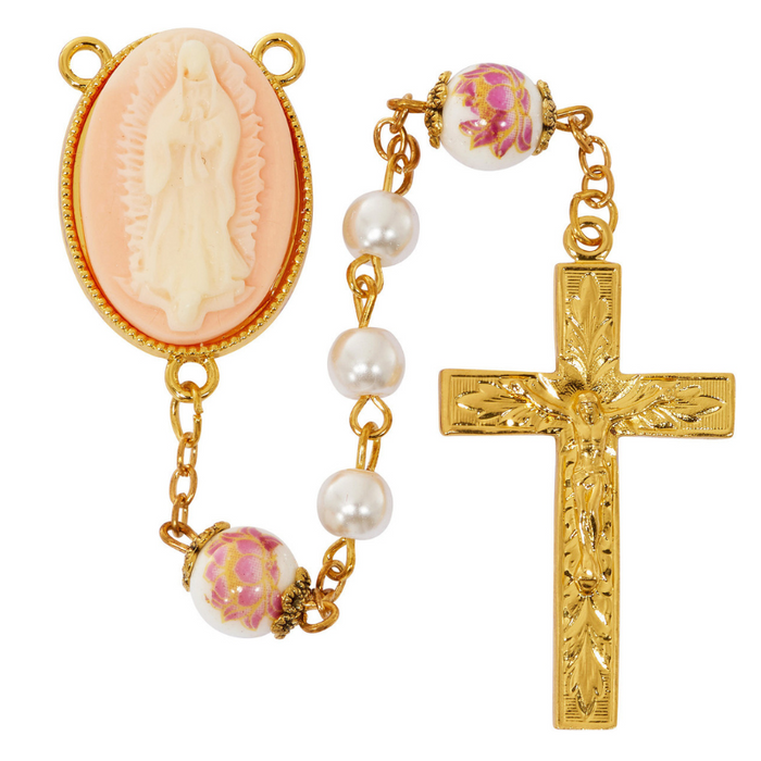 Gold Plated Our Lady of Guadalupe Pearl Cameo Rosary