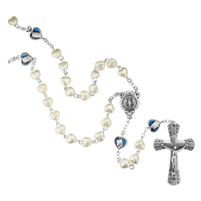 Pearl Hearts and Blue Madonna Rosary