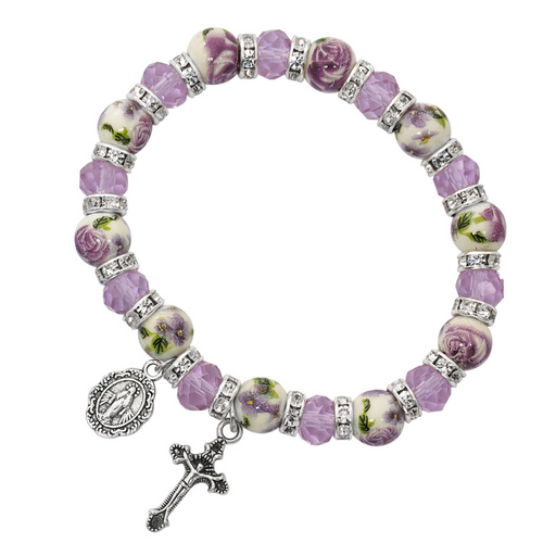 Violet Crystal Beads Miraculous Medal Stretch Bracelet