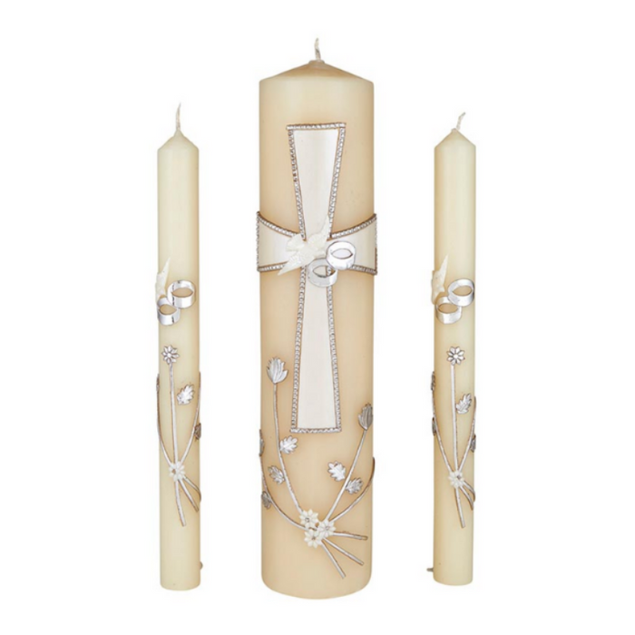 Wedding Candle - Large Cross with Dove and Ring