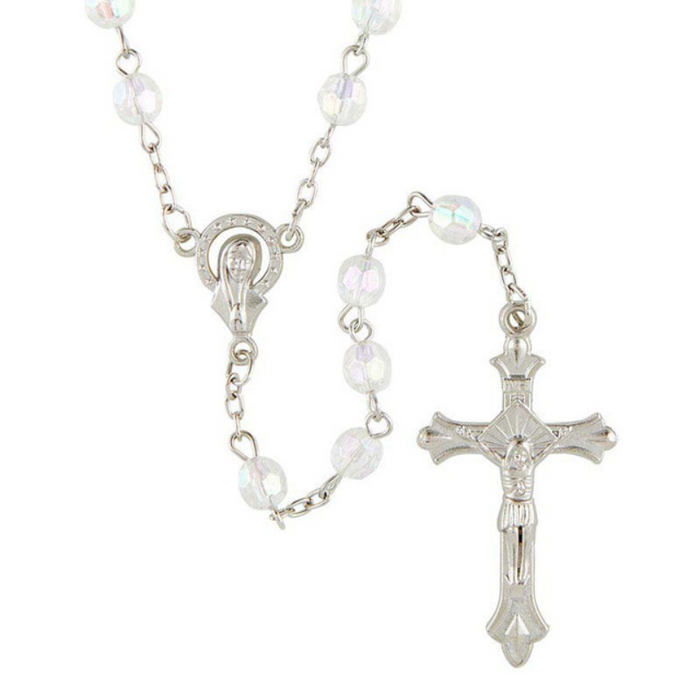 White Crystal Acrylic Bead Rosary with Madonna Centerpiece - 12 Pieces Per Package