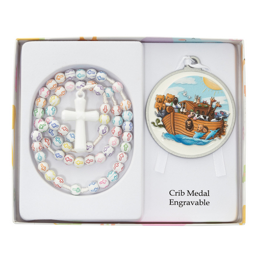 White Noah’s Ark Crib Medal With Multi-Color Cross Rosary