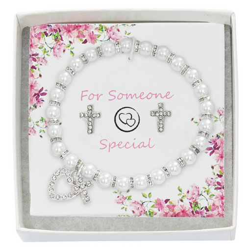 White Pearl Crystal Heart and Cross Bracelet with Crystal Cross Earring