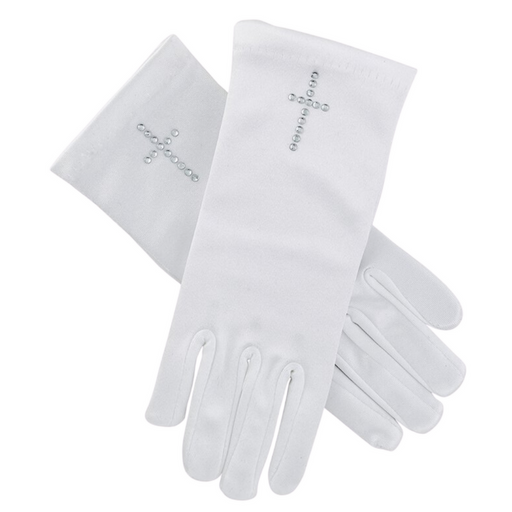 White Satin First Communion Gloves with Rhinestone Cross\