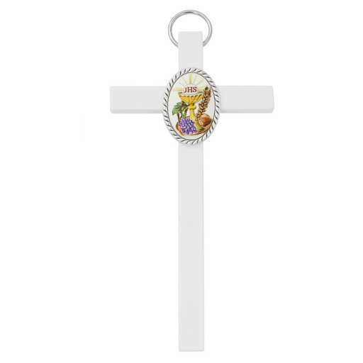 White Wood Communion Cross with White Communion Medal - BEST SELLER