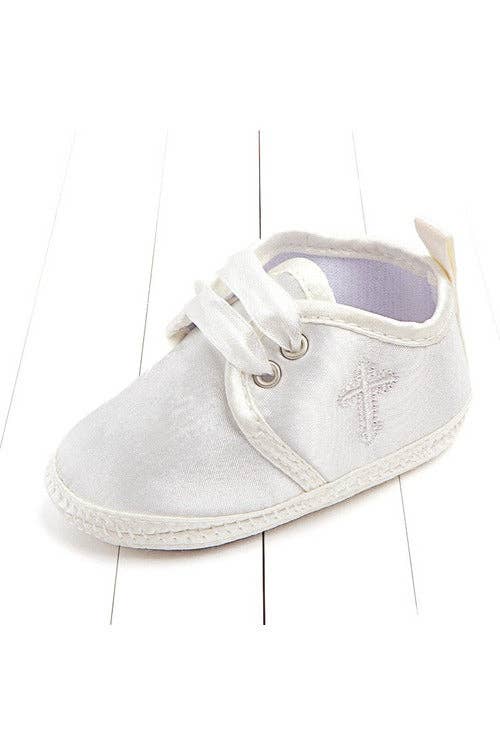 White Cross Baby Christening & Baptism Shoes – Soft Infant Dress Shoes with Embroidered Cross Design