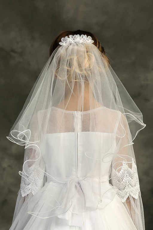 White First Communion Veil with Gem Flower Comb – 21 Inch Handmade Veil for Girls – Made in Los Angeles