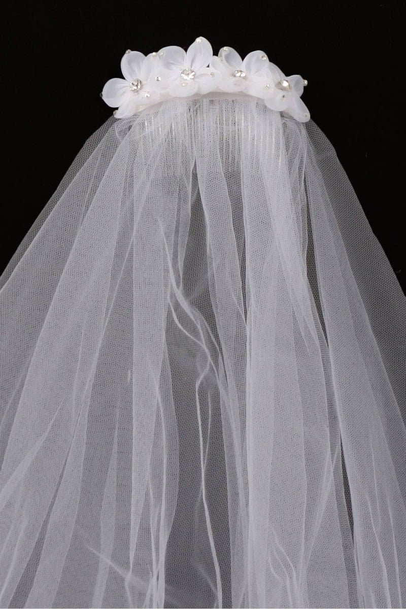 White First Communion Veil with Gem Flower Comb – 21 Inch Handmade Veil for Girls – Made in Los Angeles