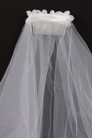 White First Communion Veil with Gem Flower Comb – 21 Inch Handmade Veil for Girls – Made in Los Angeles