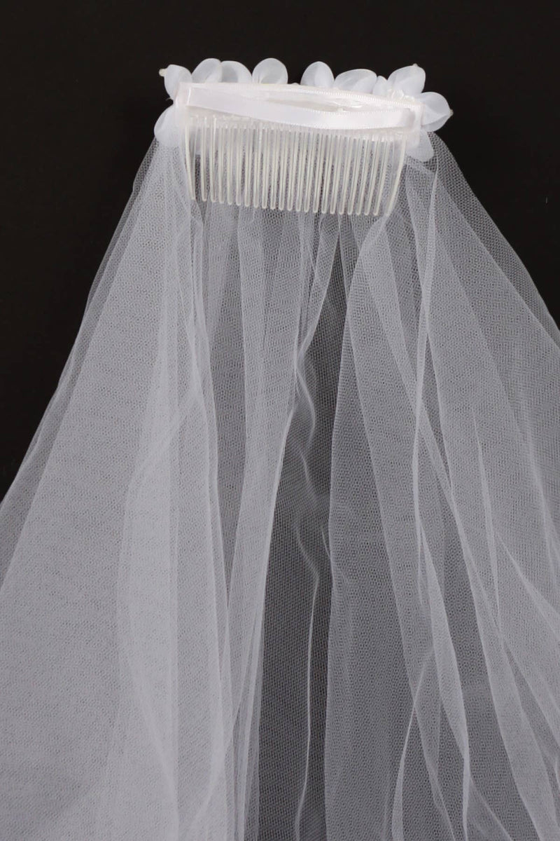 White First Communion Veil with Gem Flower Comb – 21 Inch Handmade Veil for Girls – Made in Los Angeles
