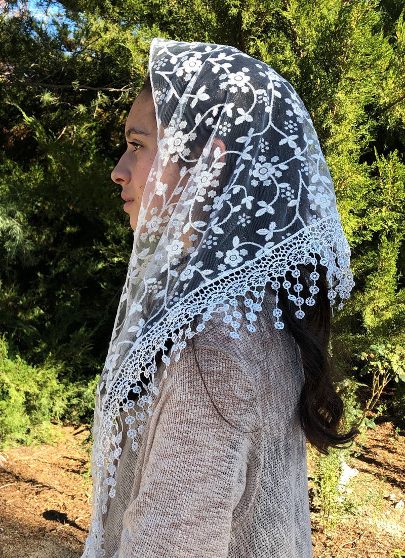 Cherry Blossom White Church Veil – 48” x 13” Soft Lace Mantilla Head Covering