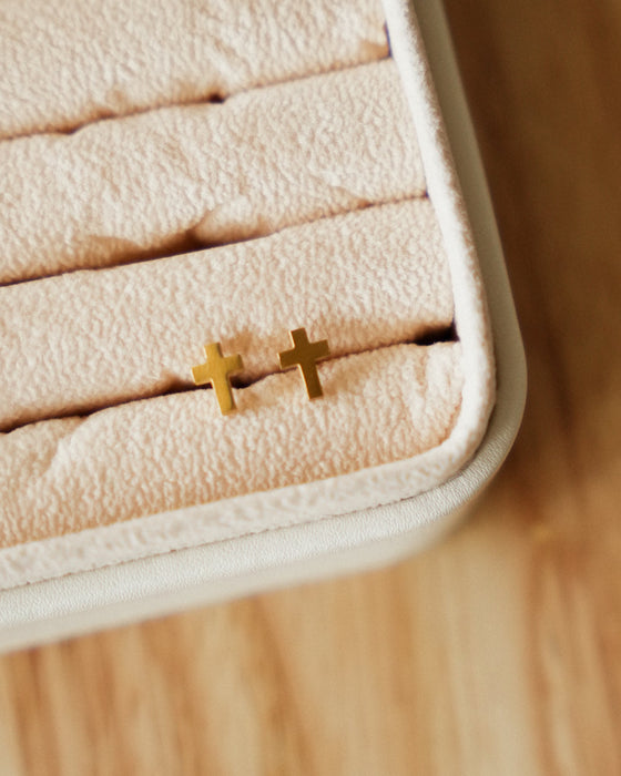 Dainty Cross Stud Earrings // Gold