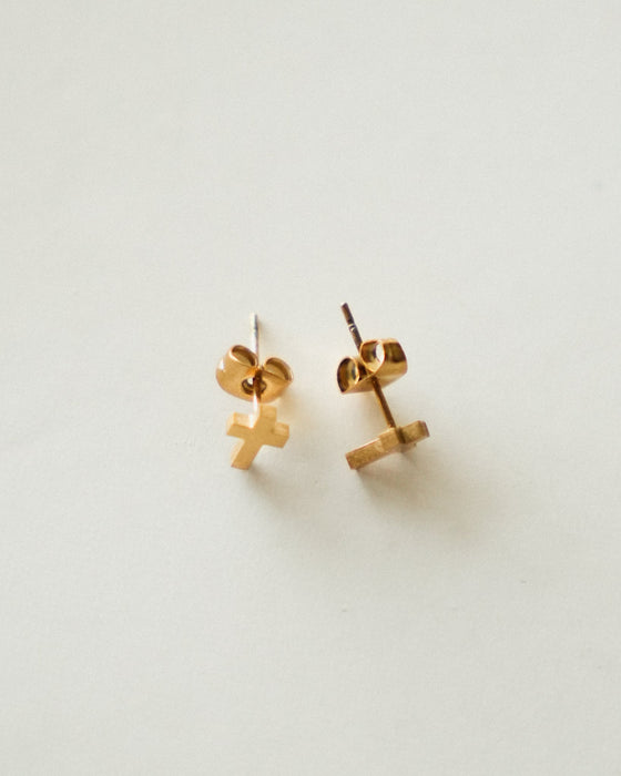 Dainty Cross Stud Earrings // Gold