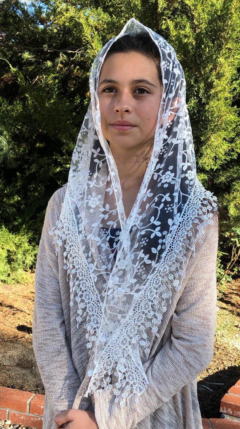 Cherry Blossom White Church Veil – 48” x 13” Soft Lace Mantilla Head Covering