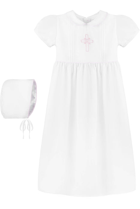 Baby Girl Pink Embroidered Cross Christening Gown + Bonnet