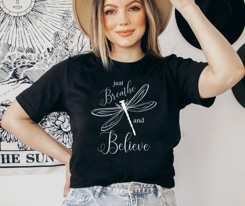 Just Breathe and Believe Ladies Fitted T-Shirt