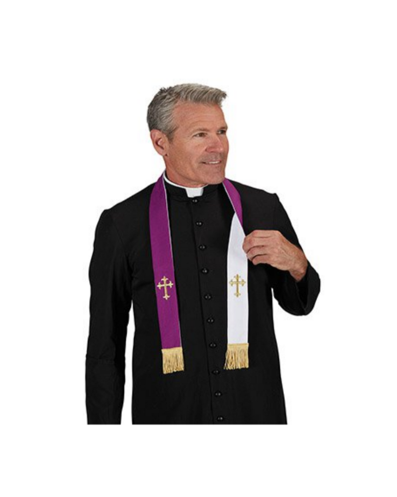 Reversible Ribbon Stole with Fringe - Fleur De Lis Cross