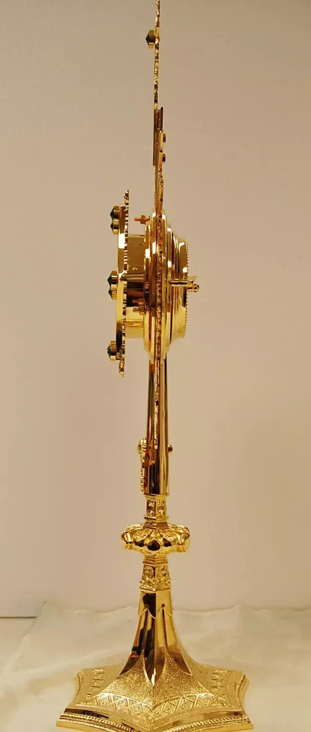 Gold Plated Monstrance with Glass Enclosed Luna - Green Stones