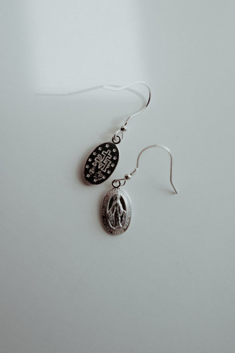 Miraculous Medal Earrings // Silver