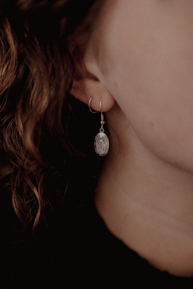 Miraculous Medal Earrings // Silver