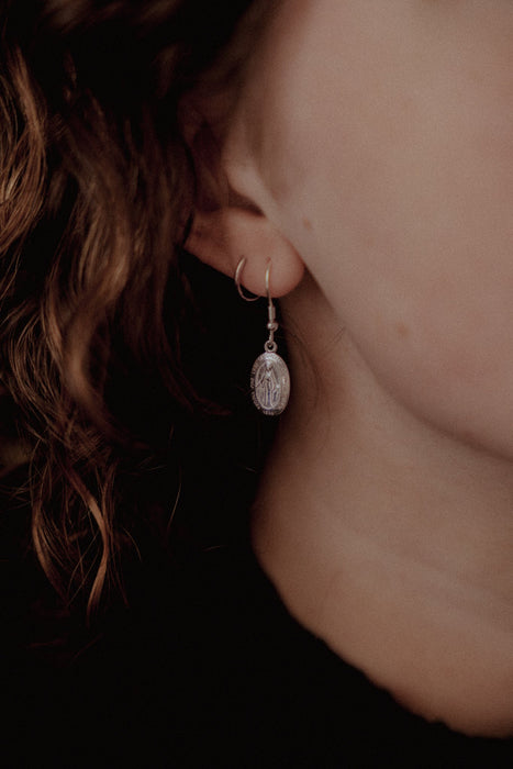 Miraculous Medal Earrings // Silver