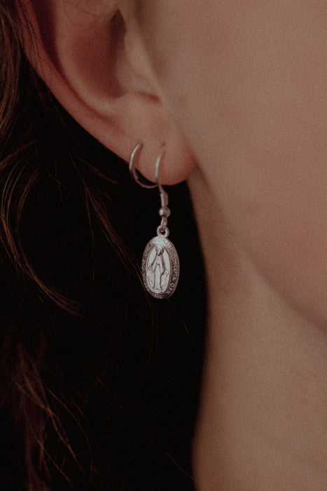 Miraculous Medal Earrings // Silver